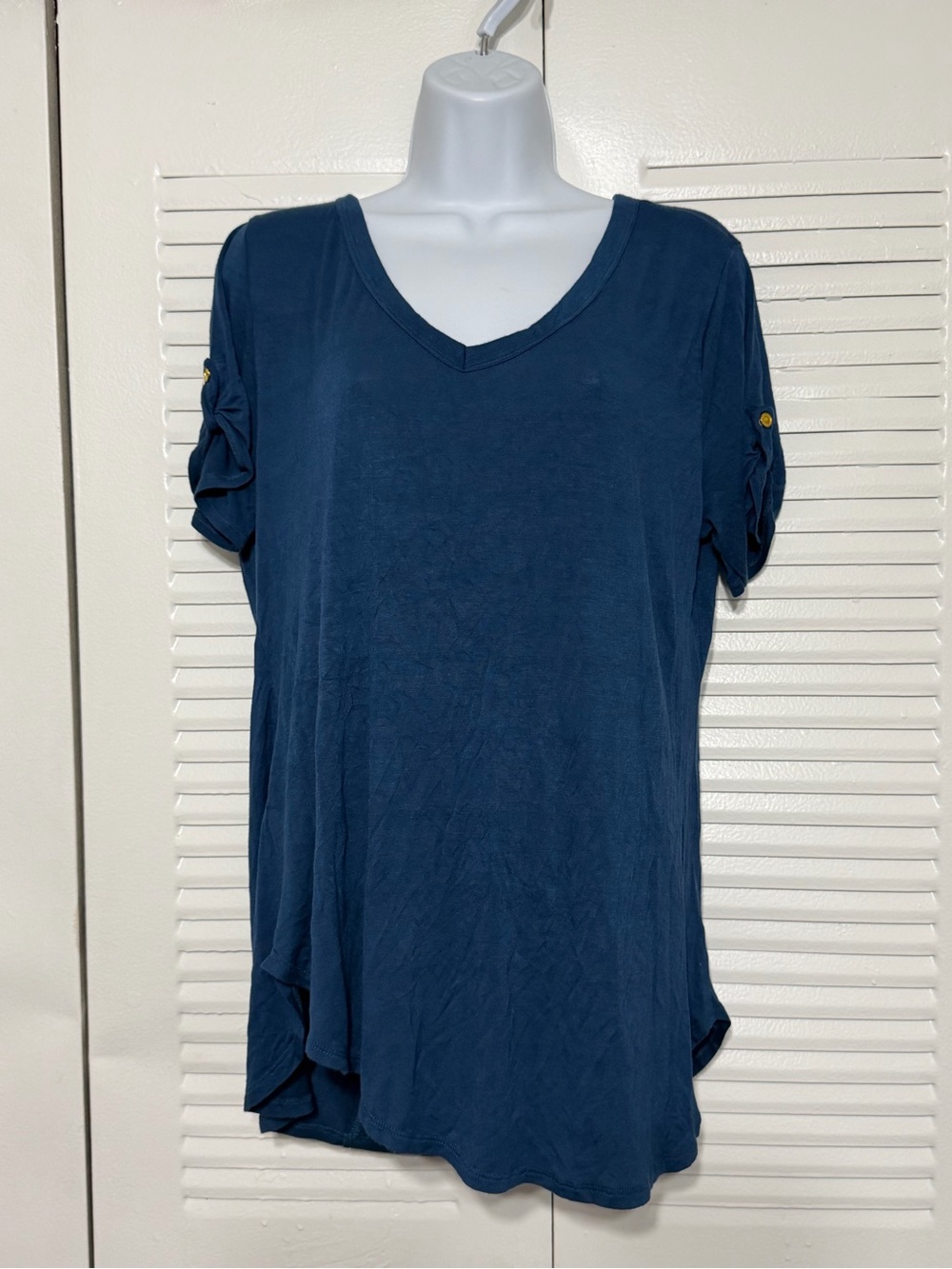 Women's Navy V-Neck Roll-Tab Sleeve Top
